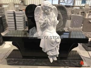 Carved Sitting Little Angel Black Granite Cemetery Tombstone Bench Headstone