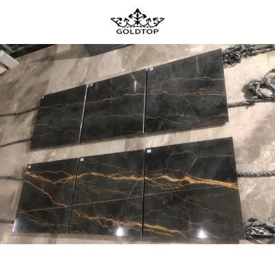 Luxury Indoor Natural Stone Black Golden Veins Marble Slabs Tiles
