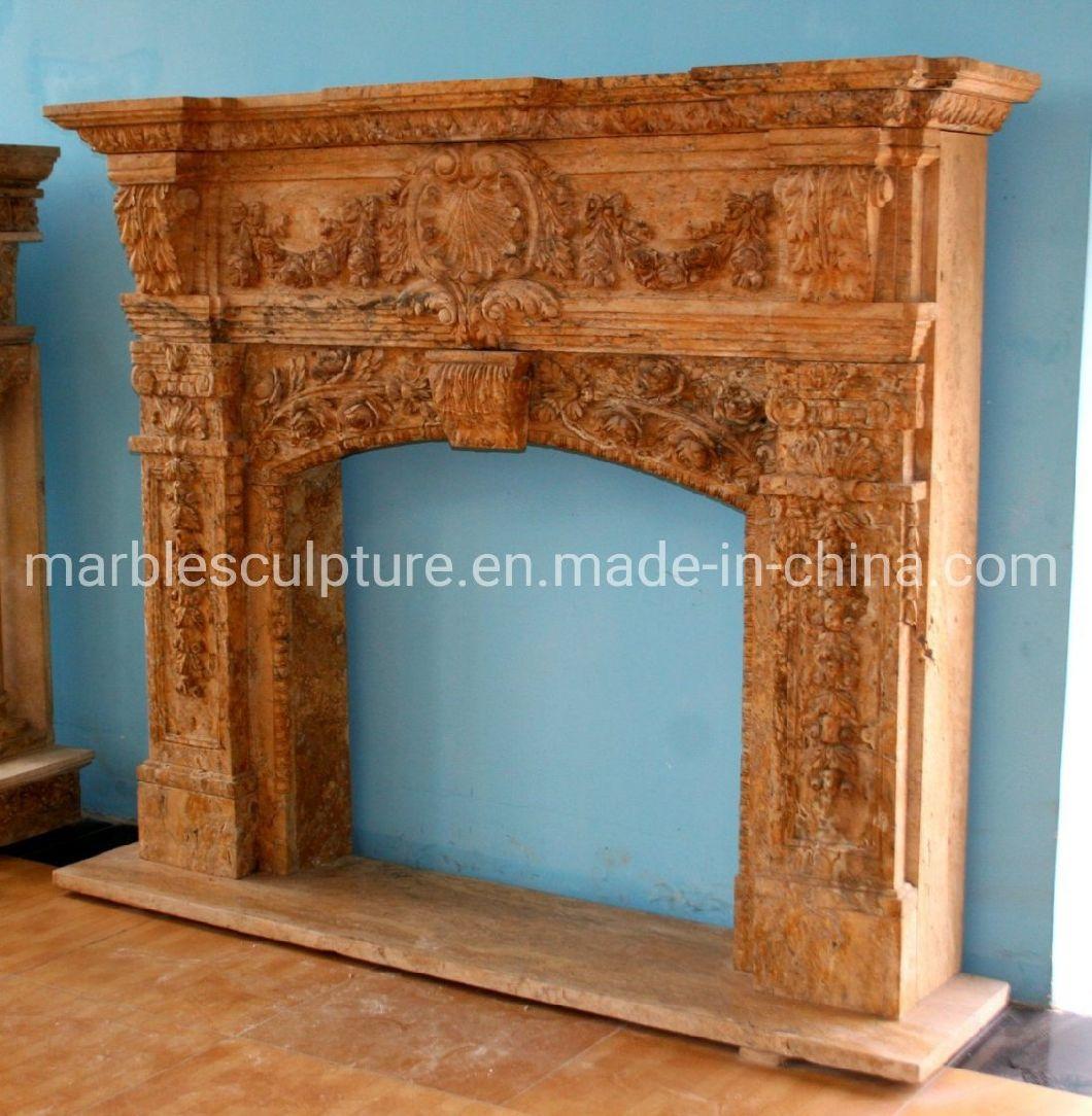 High Quality Hand Carved Stone Fireplace Surround with Flowers (SYMF-242)