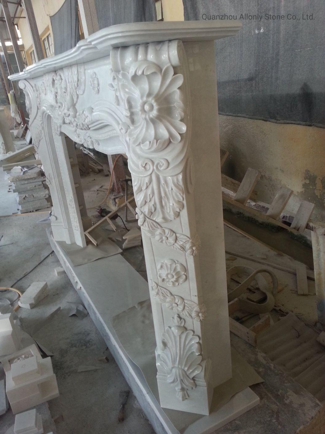 French Style Carving Indoor Decoration White Marble Fireplace Mantels for Sale