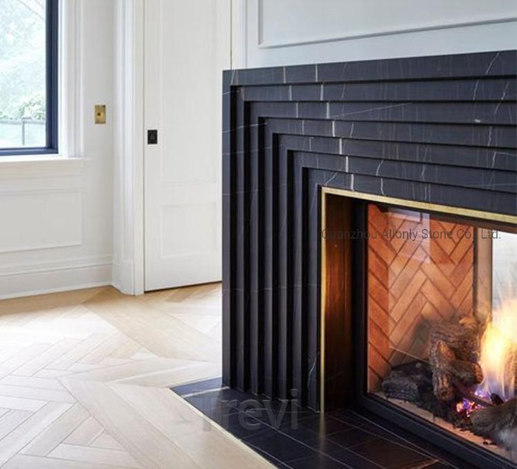 Hand Carve Nero Marquina Black Marble Fireplace Surround