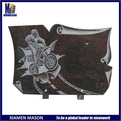 Hand Carved Biker Image Dark Red Granite Grave Plaque