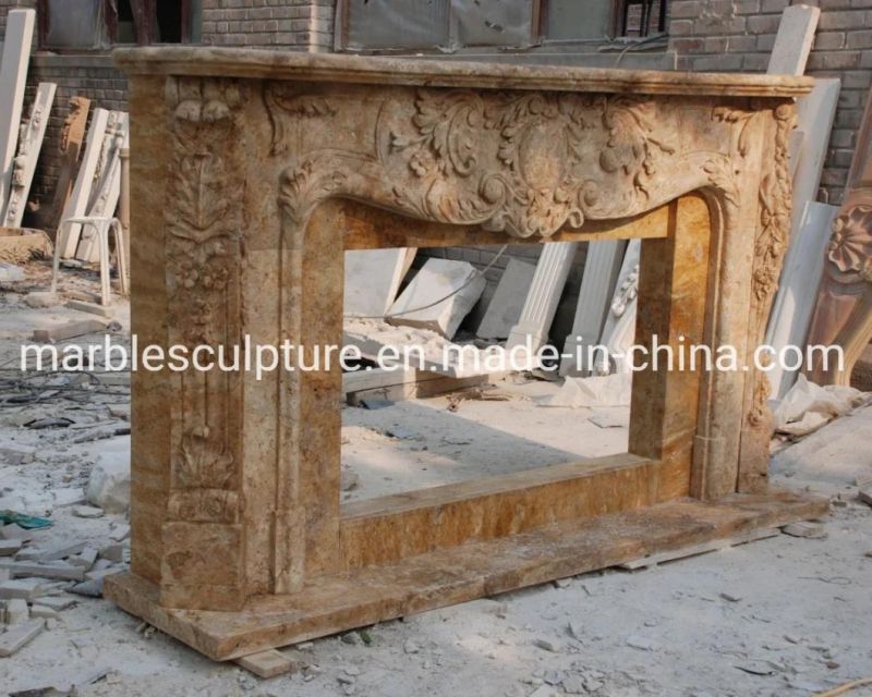 Classic Beautirul Hand Carved Antique Beige Marble Fireplace (SYMF-181)