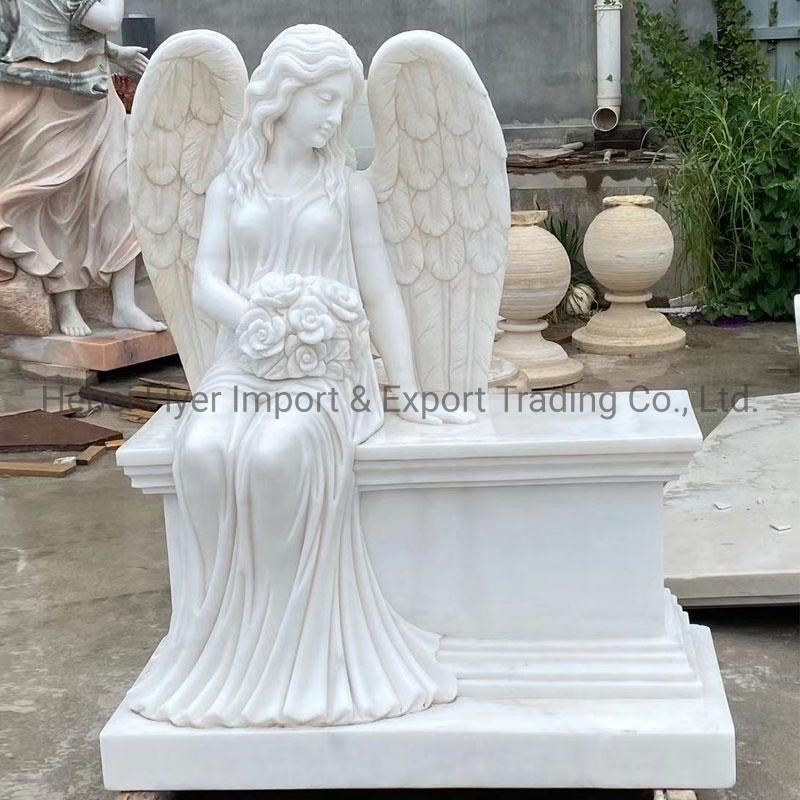 Cemetery Memorial Angel Statue Hand Carving Sitting White Marble Angel Headstone Monument