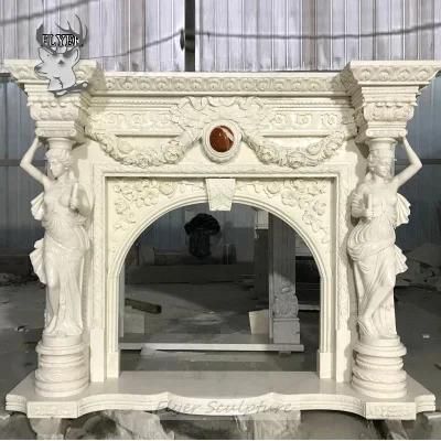 Western Style Luxury Beige Cream Marble Fireplace Mantel with Lady Statue