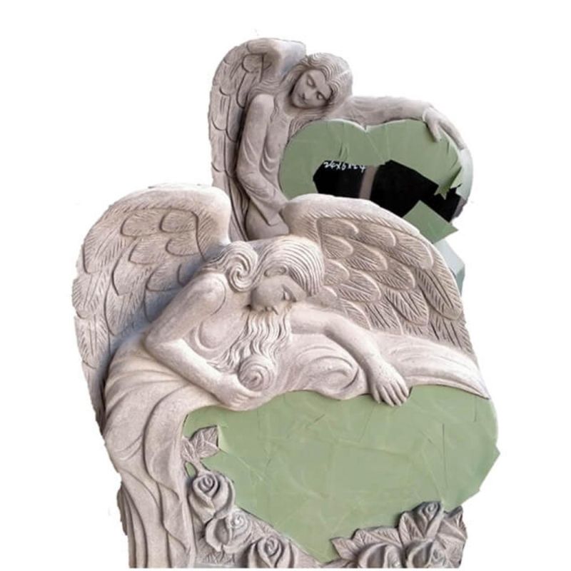 Black Granite Single Heart with Sculpted Angel Wing Headstones