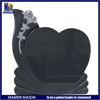 Beautiful Upright Heart Shape Black Granite Tombstones with Rose Carving