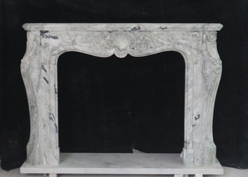 Hand Carved White Marble Fireplace Mantels Surround with Metal