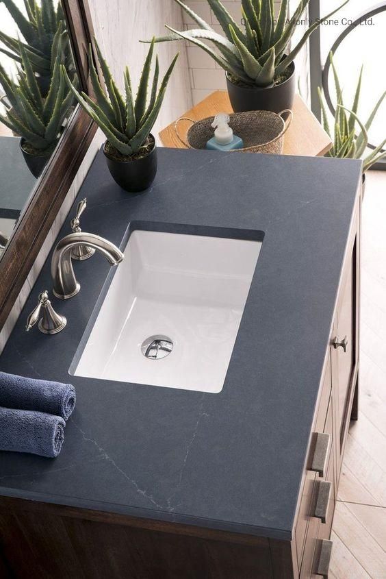 Double Sink Integrated White Bathroom Vanity with Grey Quartz Top