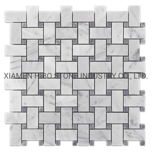 Italian Bianco Carrara White and Bardiglio Grey Dots Basketweave Mosaics