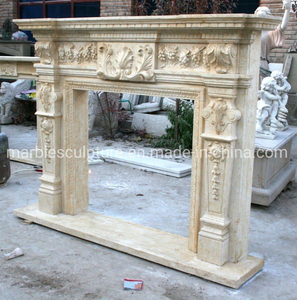Exquisite European Style Beige Marble Fireplace Carved Grapes (SYMF-252)