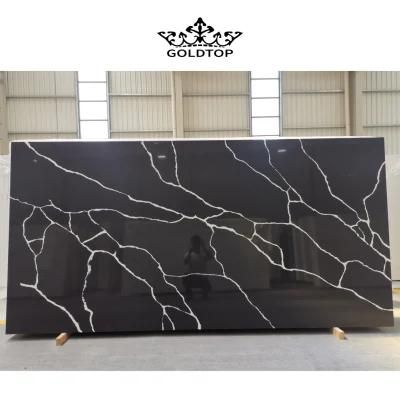 Artificial Stone Polished Factory Price White Veins Calacatta Black Stone Slab Quartz Countertop/Vanity/Wall Tiles/Cabinet/Floor
