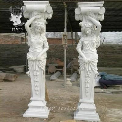 Modern Natural Solid Marble Pillars Nouveau Marble Roman Column with Lady Sculpture