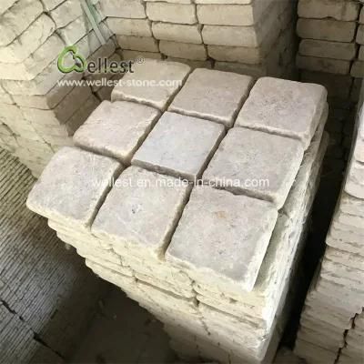 Chinese Tumbled Finish Beige Limestone Cobble Stone on Mesh for Outdoor Paving