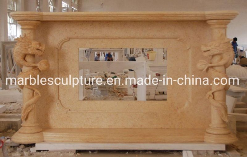 New Design Sculpture Mantel Beige Marble Fireplace Carved Long (SYMF-101)