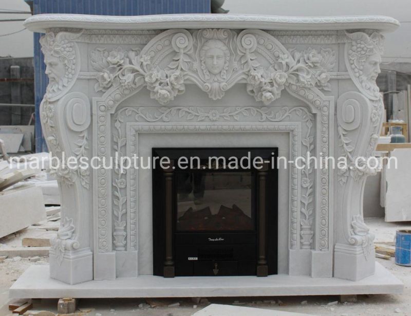 Luxury Elegant White Marble Fireplace Mantel Carved Statues (SYMF-314)
