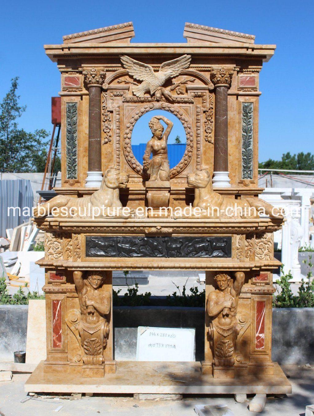 Yellow Double Marble Fireplace Mantel Carved Statues in Stock (SYMF-303)