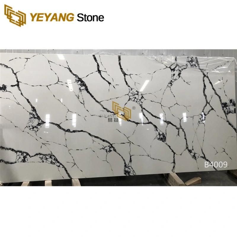 New Calacatta White Quartz Black Veins Slab for Kitchen Peninsula Countertop/Island/Table