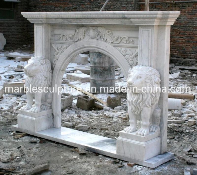 Hand Carving White Marble Fireplace with Lion Statues (SYMF-187)