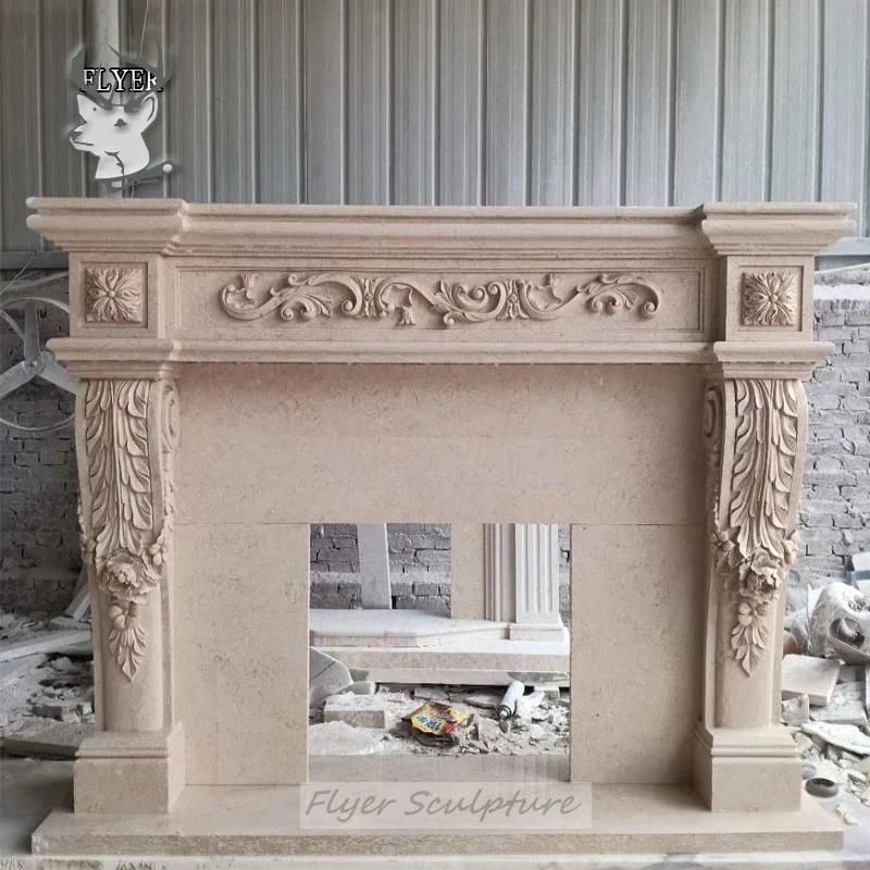 Western Style Luxury Beige Cream Marble Fireplace Mantel with Lady Statue