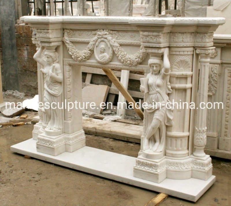 Hand Carved Luxury White Marble Fireplace with Lady Figures (SYMF-136)