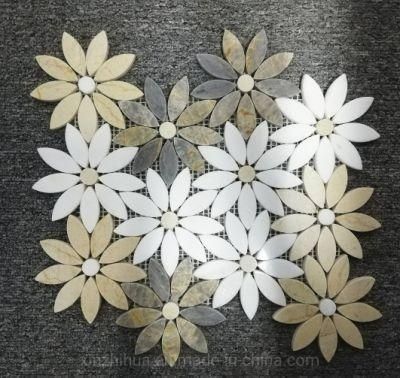 Crema Marfil Flower Shape Basket Weave/Hexagon/Herringbone Marble Mosaic Tiles