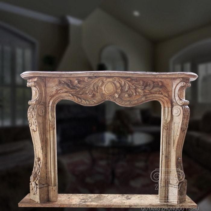 Natural Golden Travertine Fireplace Mantel with Good Carving for Home Decoration