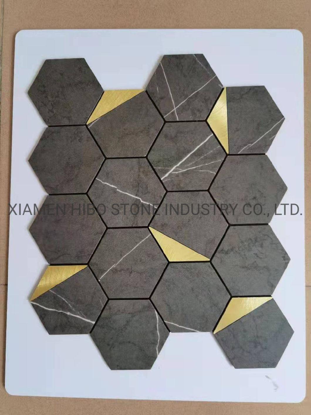 Crystal White Marble Stone Thassos Pure White Hexagon Mosaic with Gold Metal Mosaic Tile