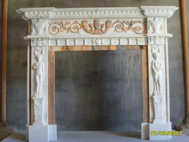 Sandstone Beige Color Fireplace Mantel Marble Fireplace Handcarving