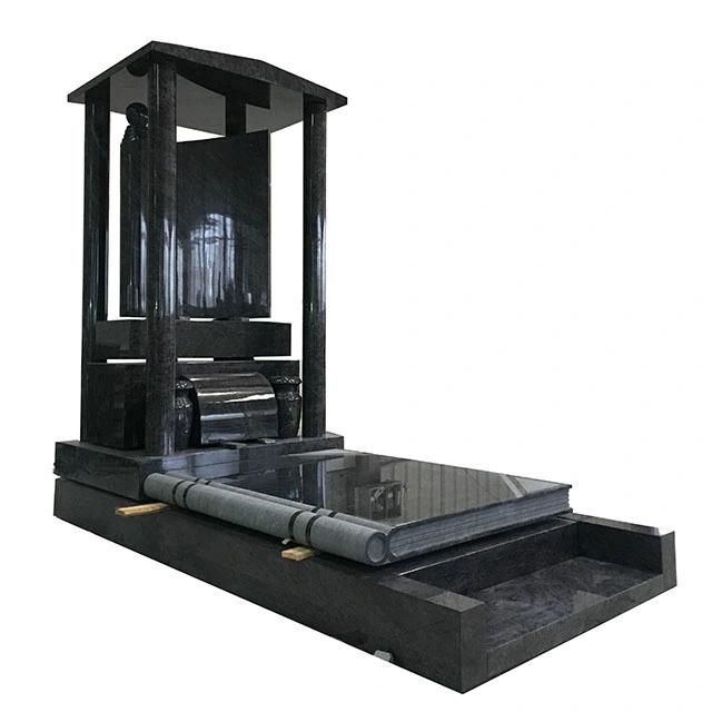 Bahama Blue Granite Gravestone with Carved Pillar Statues