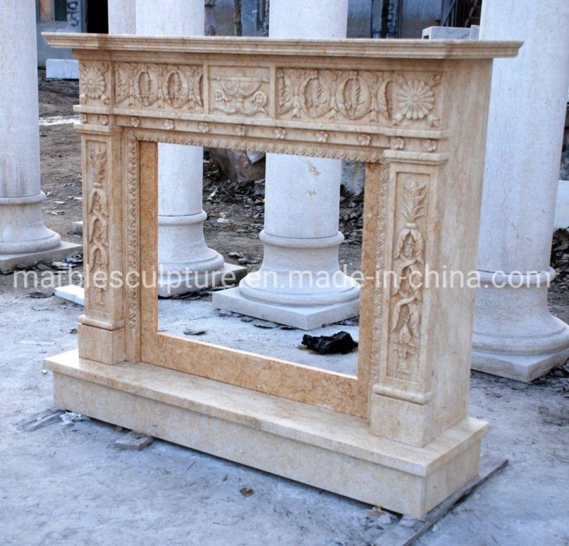 Natural Indoor Decorative Hand Carved Beige Marble Fireplace (SYMF-227)