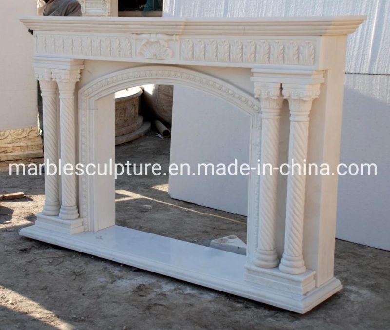 White Stone Mantel Elegant Marble Fireplace Carved Columns (SYMF-092)