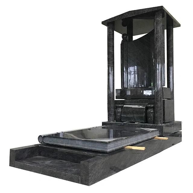 Bahama Blue Granite Gravestone with Carved Pillar Statues