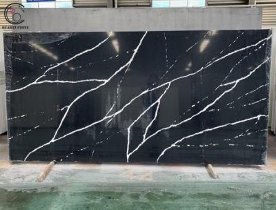 Black Marble Like White Quartz Stacked Kitchen Countertop