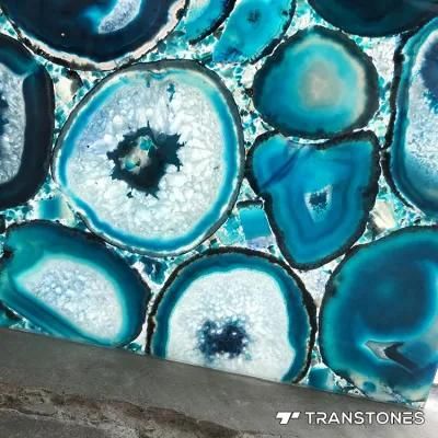 Polished Decorated 4*8FT Gem Stone Translucent Blue Agate Wall Panel