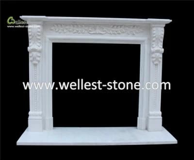 White Natural Stone Sculpture Fireplace Mantel Surround with Hand Carving