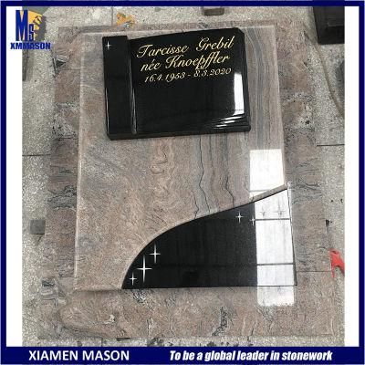 Indian Juparana Yellow Granite Gravestone with Black Open Book Sculpture