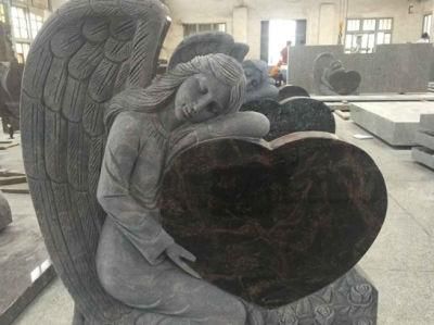 China Factory Direct Absolute Shanxi Black, Aurora Granite Angel with Heart Shape Monuments, Double Angel with Doubel Heart Hand Carved Headstone