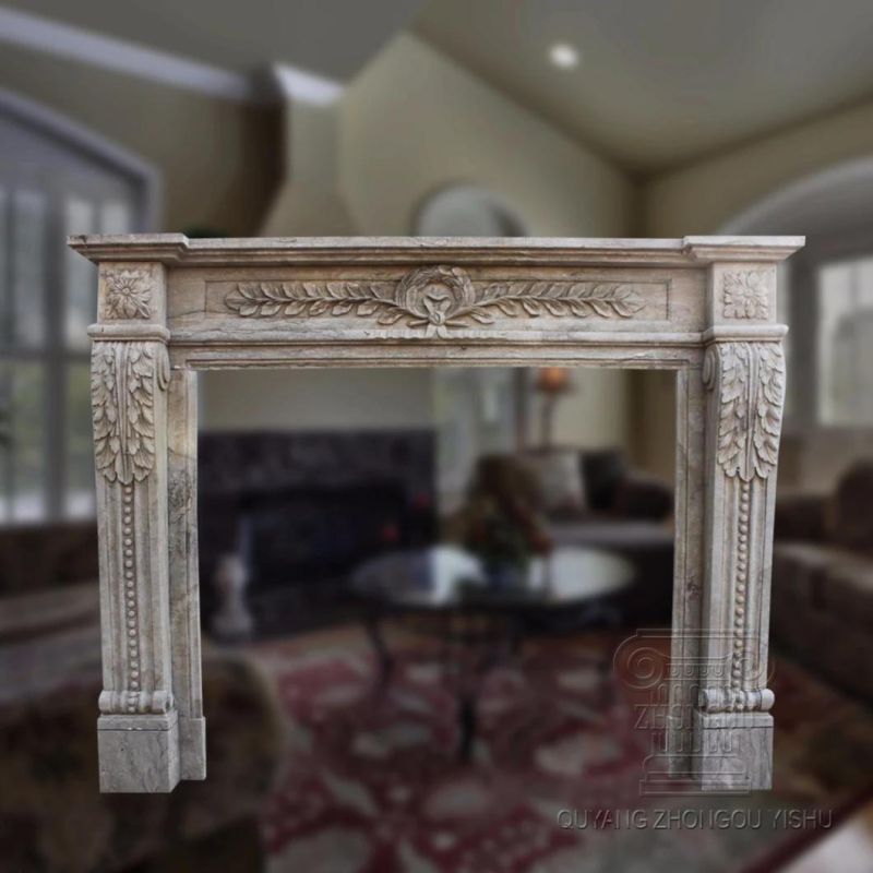 Marble Fireplace in Fine Hand-Carved Floral Design and Good Quality