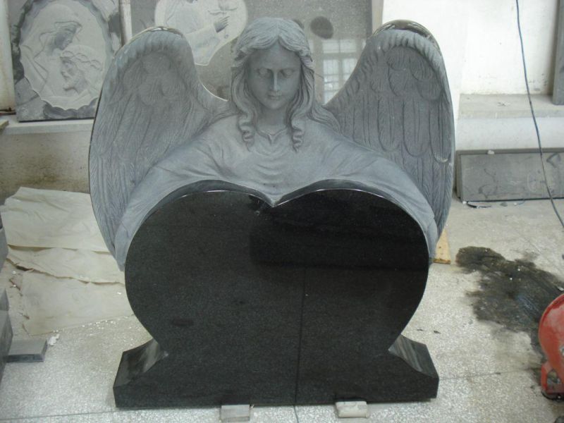 Light Grey Granite Angel Wings Holding Double Heart Headstone for Grave Memorial