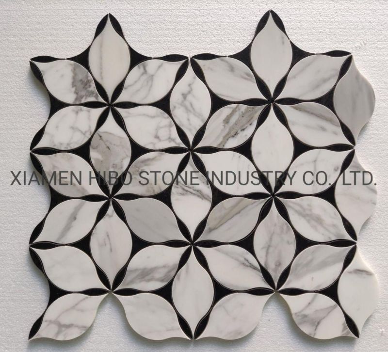 Natural Stone Marble Pure White Thassos and Shell Waterjet Flower Pattern Mosaic Tile Waterjet Tile
