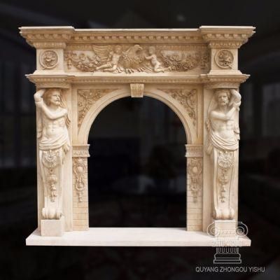 Elaborate Hand Carved Marble Fireplace Mantel in Egyptian Yellow with Large Male Statues