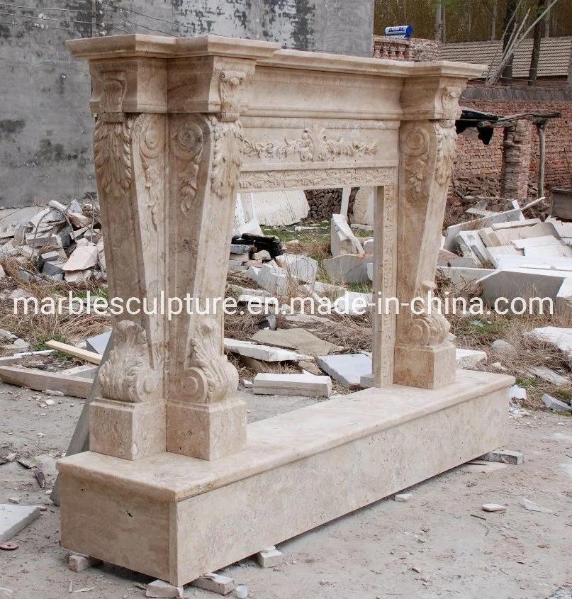 Classic Decoration Hand Carving Sculpture Beige Marble Fireplace (SYMF-059)