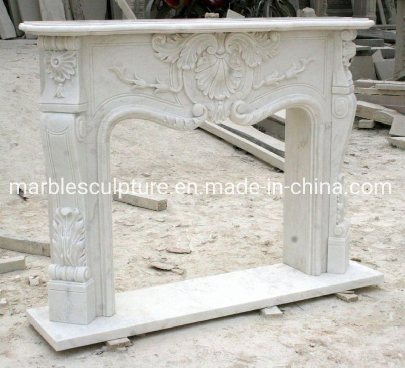 White Stone Mentel Surround Marble Fireplace with Flowers Carving (SYMF-088)