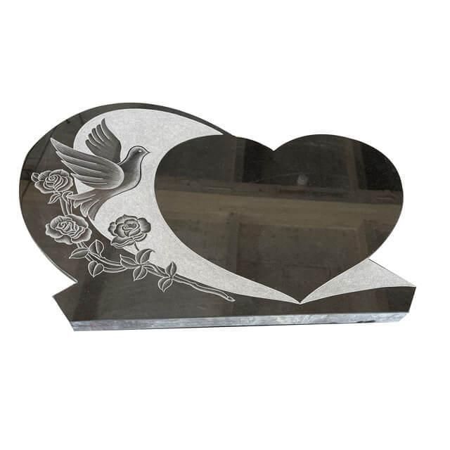 Black Granite Heart Shaped Headstone Carved Bird Flower for Cemetery Memorial