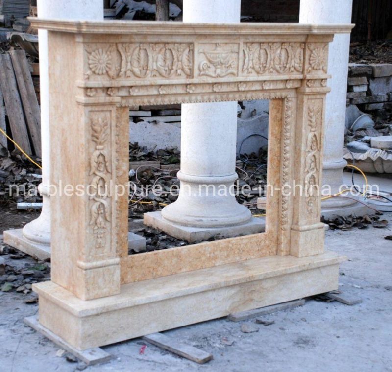 Natural Indoor Decorative Hand Carved Beige Marble Fireplace (SYMF-227)