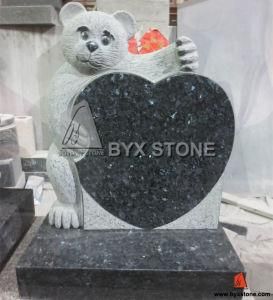 Blue Granite Child Headstone Bear Carving Headstone with Heart