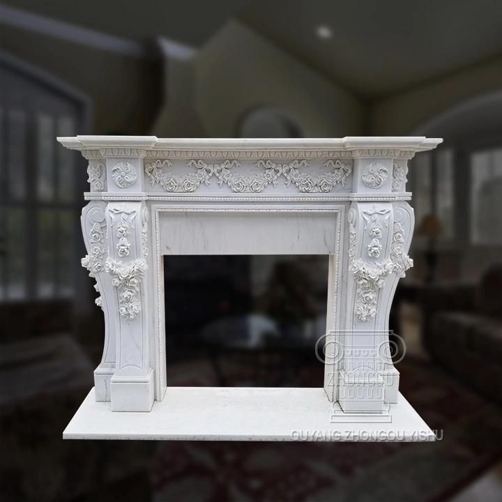 Used Indoor Decoration Stone Mantel Fine Carving Marble Fireplace