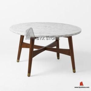 Carrara White Marble Dining Table Tops with Wooden Legs