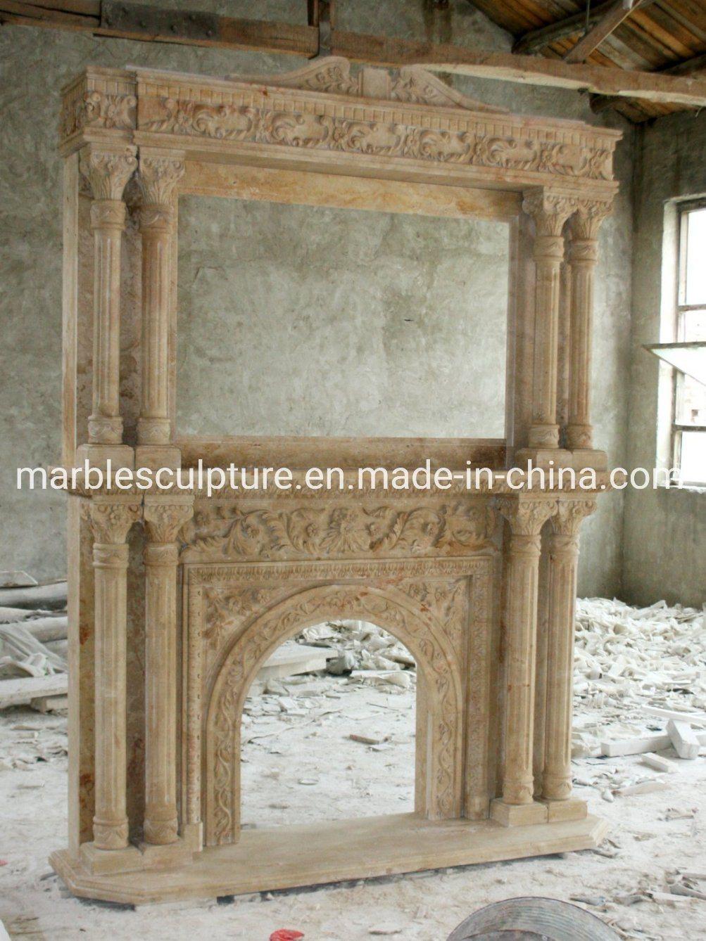 Classic Beige Stone Sculpture Mantel Double Marble Fireplace (SYMF-098)